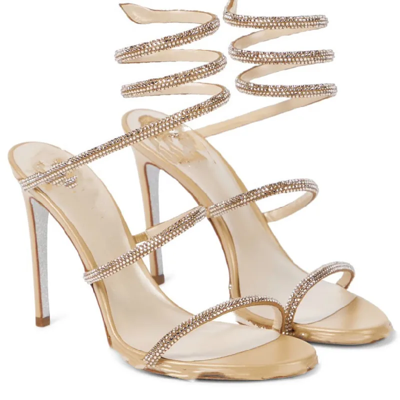 

Summer New Style Rhinestone Snake Winding Fashion Sandals Large Size Walking Show Fine Heel Party Dress Versatile Women's Shoes