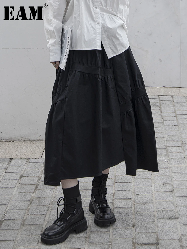 

[EAM] High Elastic Waist Black Pleated Irregular Long Casual Half-body Skirt Women Fashion Tide New Spring Autumn 2022 1DE3002