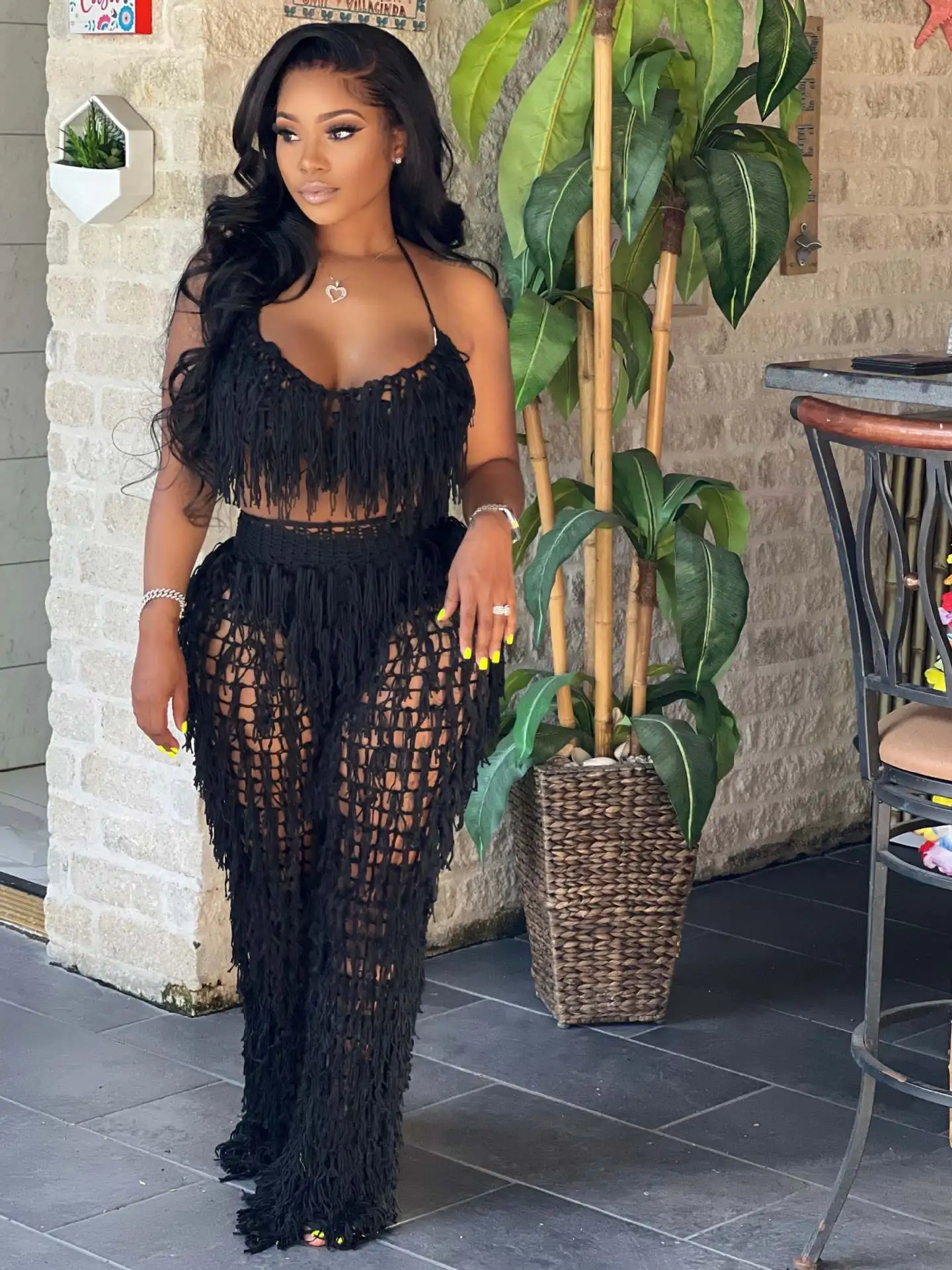 Женский трикотажный комплект из 2 предметов пляжная одежда в рубчик с кисточками