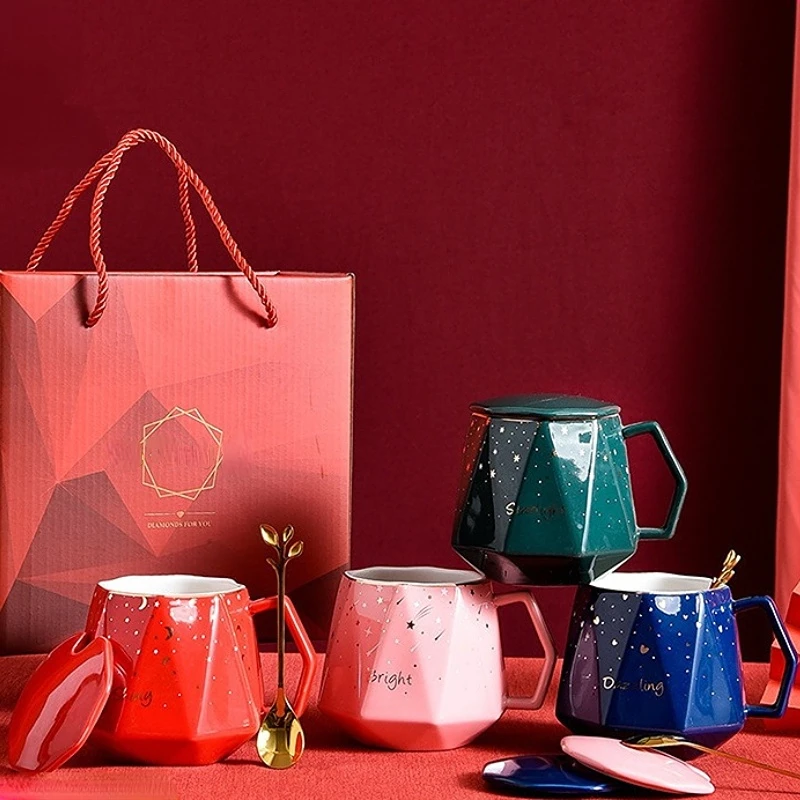 

Creative Diamond Cup Starry Mug Coffee Cup with Lid Spoon Companion Gift Ceramic Cup Office Must-have Tea Cup Gift Box