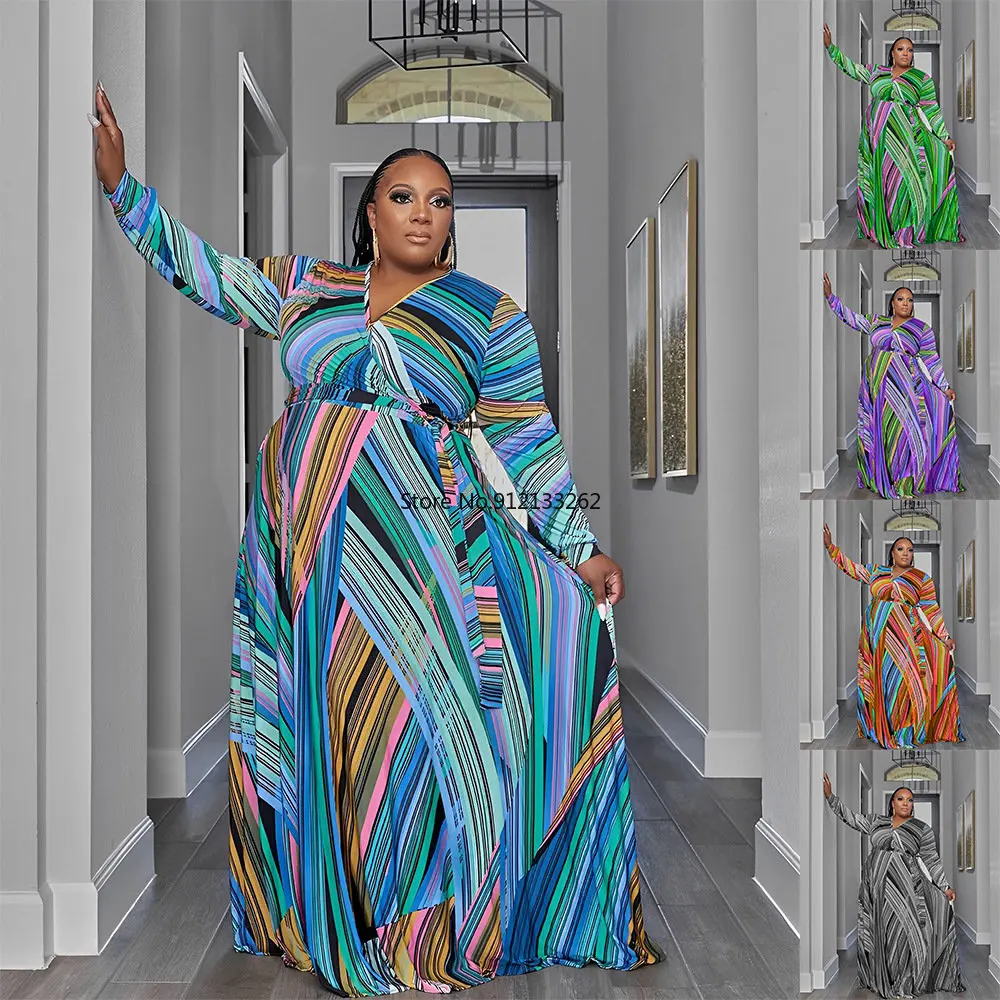 

XL-5XL African Dresses for Women Autumn African Long Sleeve V-neck Polyester Long Dress Dashiki African Clothes Maxi Dress
