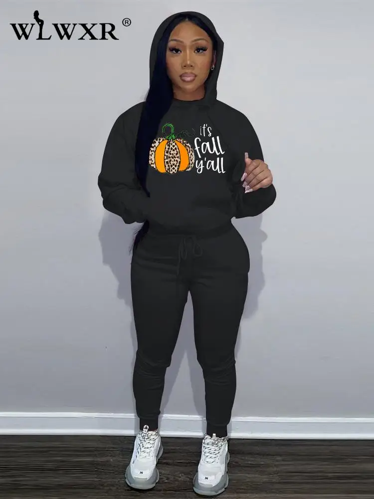 

WLWXR Осенняя свободная бандажная уличная одежда с принтом тыквы, комплект из двух предметов, женские толстовки с длинным рукавом, свитшоты, подходящие комплекты