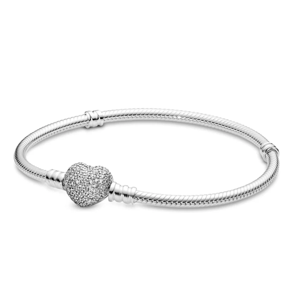 

925 Silver Moments Sparkling Heart Clasp Snake Chain Bracelet Fit for Pandora Romantic Making DIY Feast Ladies Jewelry Gifts