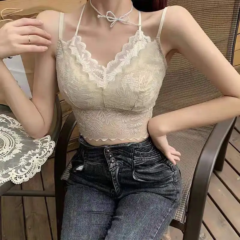 

Spring Summer New Lace Beautiful Back Double Shoulder Strap Cross Wrap Chest Double Color Backless Vest Latex Underwear