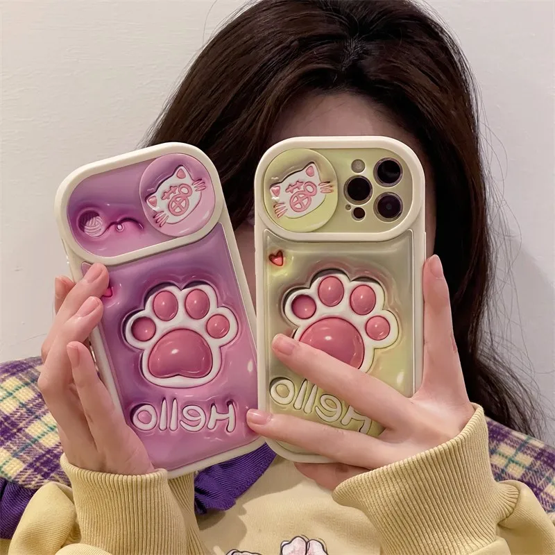 

Cat's Paw Pattern Sliding Window Protective Cover Phone Cover Case For Iphone 14 13 12 11 Pro Max Cute Female Soft Coque Fundas