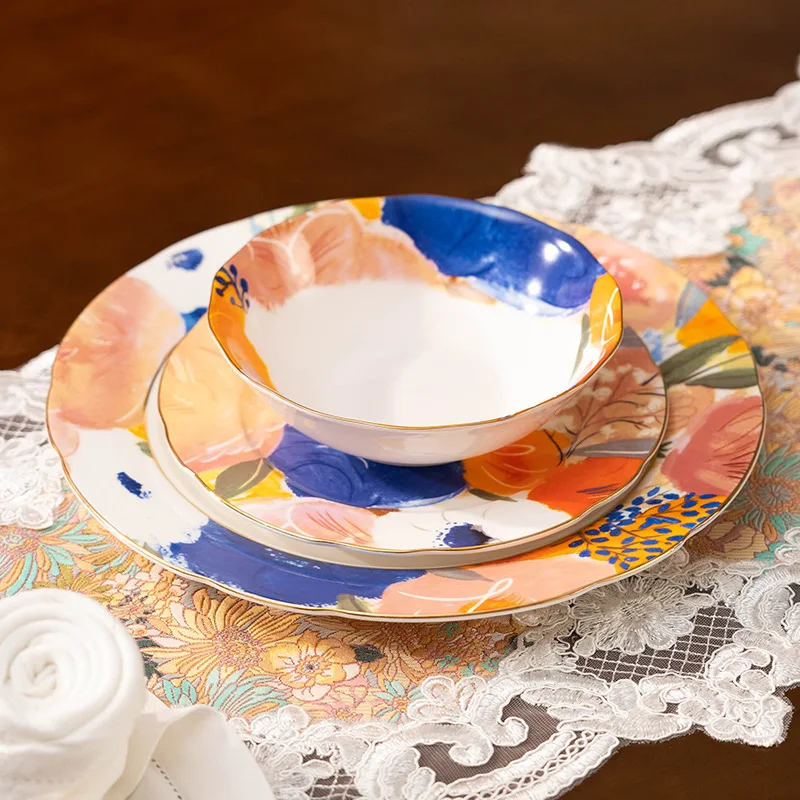 

Bone China Tableware Set High Beauty Watercolor Oil Painting Light Luxury Ceramic Bowl and Plate Set Ceramic Western Food Plate
