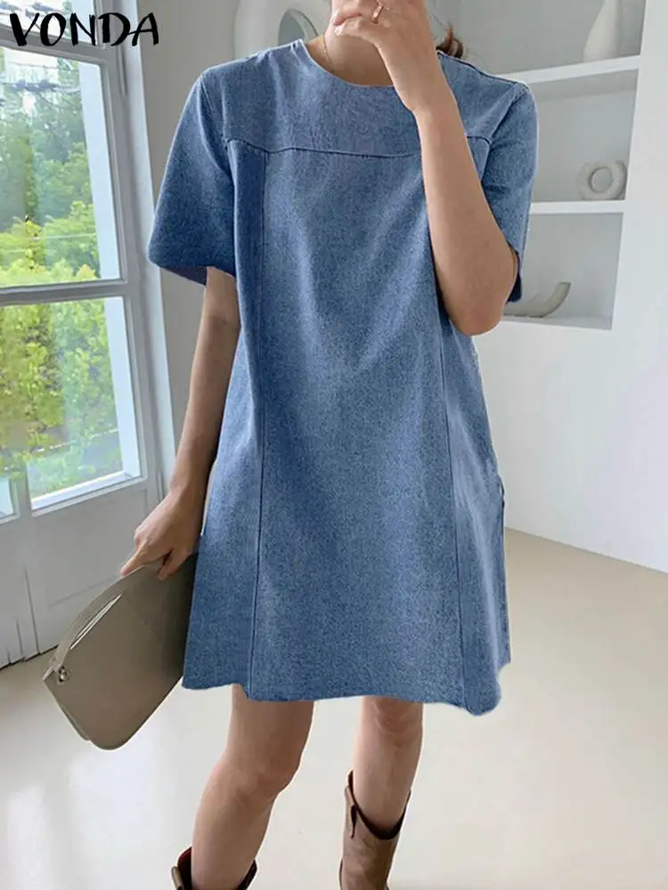 

VONDA Denim Dress Women Casual Short Sleeve Pleated Party Shirt Dress 2022 Fashion Casual Solid Holiday Short A-Line Sundress