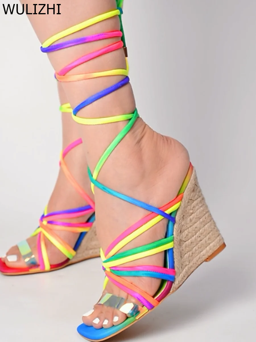 Colorful Striped Rope Wedge Espadarille Square Cross Pvc Gold Sandals Hollow Lace Open Slingback Heels Concise Gladiator Shoes