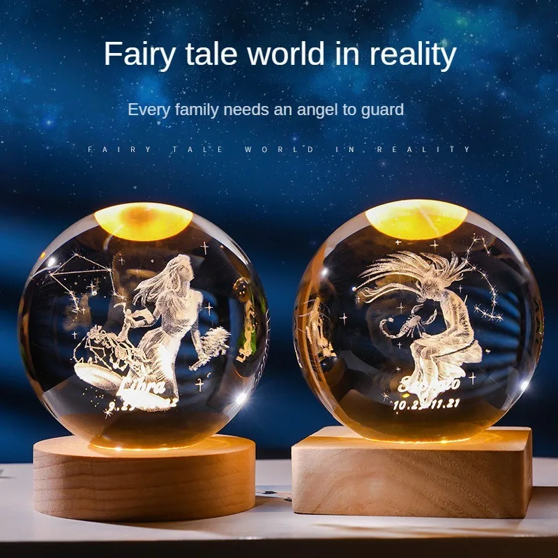 

Decoration Twelve Constellations Luminous Crystal Ball Decor Carved Night Light Wood Base Creative Ornaments Festivals Gift