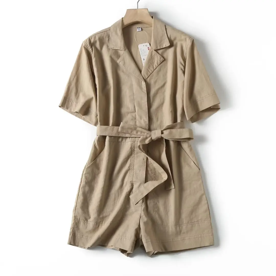 Jenny&Dave Indie Folk Casual Short-Sleeved Jumpsuit Women Fashion Pastoral Style Ladies Solid Playsuist With Belt