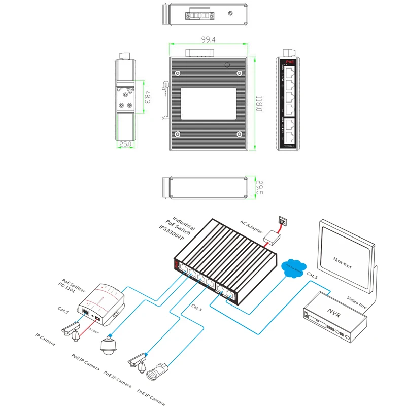 6-port Full Gigabit Industrial PoE Switch 4 RJ45 ports and 2 RJ45 ports DC input: 48V-57V