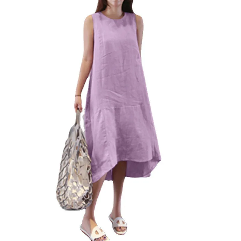 

Summer round neck dress sleeboth large loose solid color long section big swing vest cotton linen dress for women