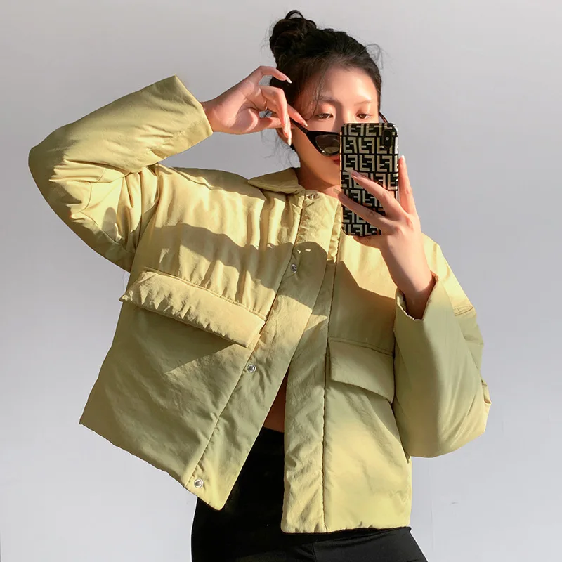 Autumn and Winter New 2021 Fashion Simple Long-sleeved Padded Jacket Women Lapel Concealed Buckle Loose Padded Jacket Women