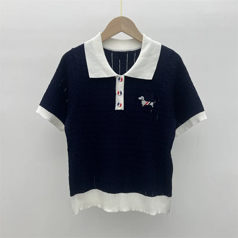Новая летняя футболка-поло с лацканами на груди маленькая собачка вышивка