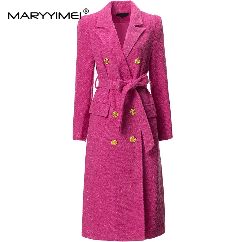 

Подиумная дизайнерская осенне-зимняя верхняя одежда MARYYIMEI, женское классическое двубортное шерстяное пальто с лацканами и поясом на талии