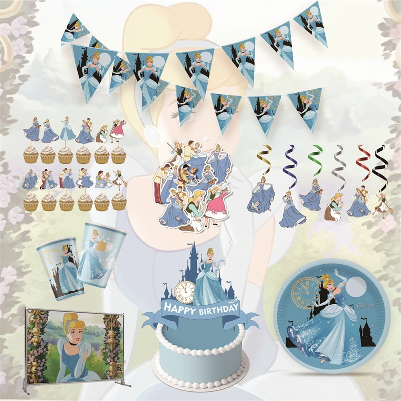 

Disney Cinderella Theme Party Supplies Disposable Tableware Paper Cup Plate Napkin Balloons Kid Birthday Party Decor Baby Shower