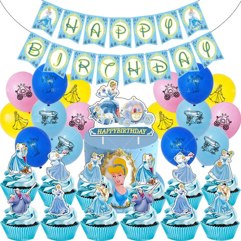 

Cinderella Birthday Party Supplies Kid Favor Princess Banner Cake Topper Latex Balloons Baby Shower Supply Party Decor Boy Gift