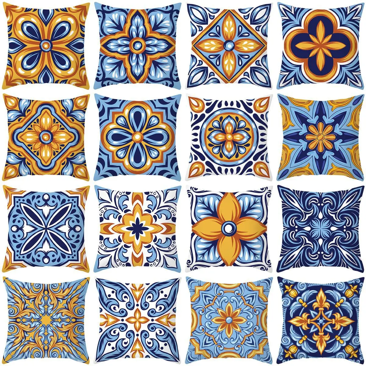 

Boho Yellow and Blue Geometry Medieval Retro Abstract Pillow Home Sofa Chair Cushion Cover Flower Winter Soft Home Decor 45x45