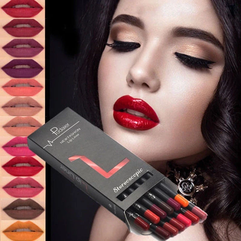 

12 Color Lip Liner Set Matte Velvet Lipstick Pen Waterproof Pencil Natural Emollient Ingredients Lasting Not Easy to Fade