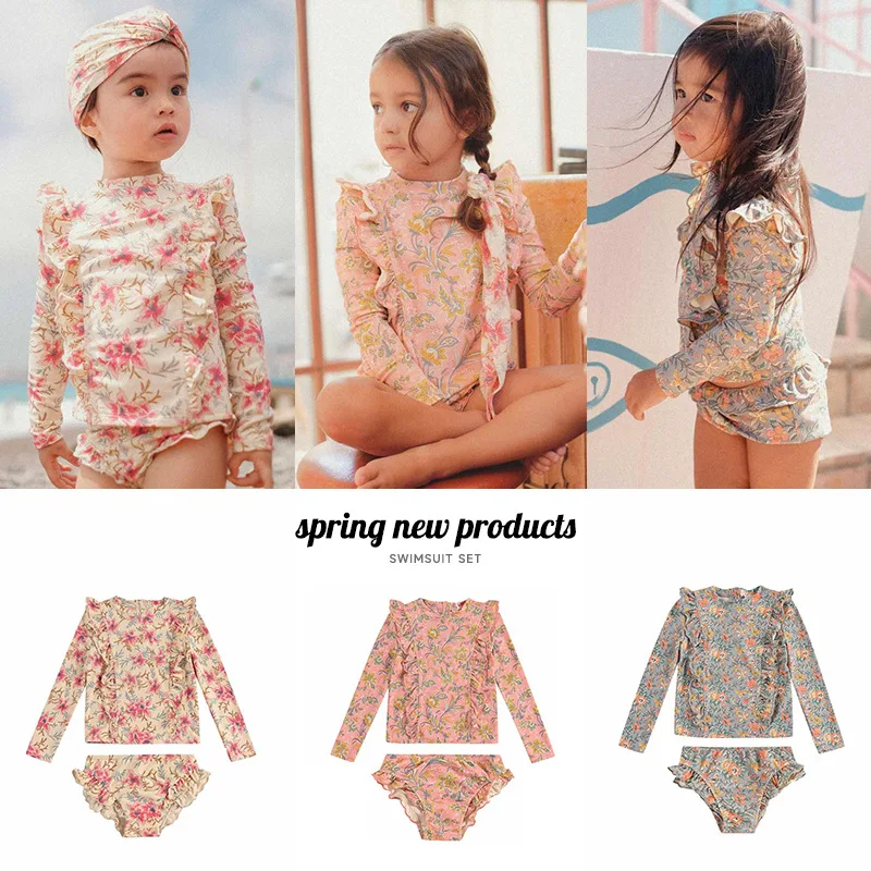 

2022 New Kids Swimsuit For Girls Summer Cute Flower Swimwear Children's Long Sleeve Beachwear Bikini Top and Shorts Suits