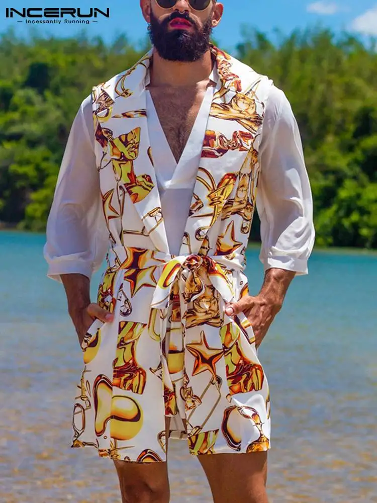 

Handsome Well Fitting New Men's Sleeveless Cardigan Shorts Sets Star Bottle Printing Sexy Male Two-piece Sets S-5XL INCERUN 2022