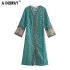 Женское винтажное богемное платье миди, однобортное пляжное платье с цветочным принтом, платье в стиле бохо с длинным рукавом на лето