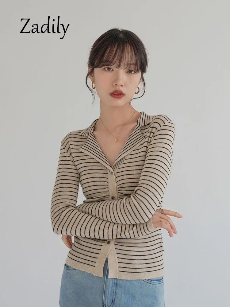 

2023 Winter Casual Long Sleeve Streped Slim Women Shirt Sweater Korea Style Button High Strecth Knit Cardigan