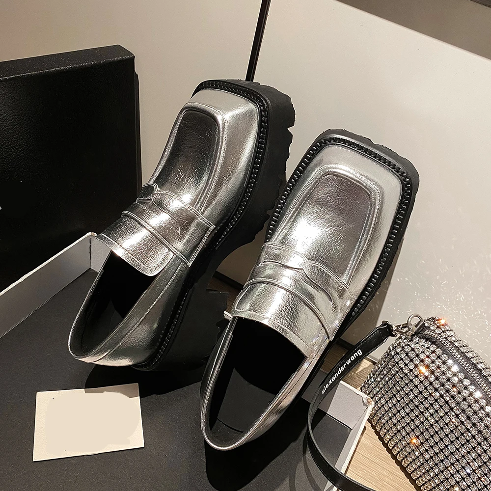 Kanseet Women Platform Shoes Spring 2023 Square Toe Genuine Leather High Quality Causal Loafers Silver Thick Heels Lady Footwear