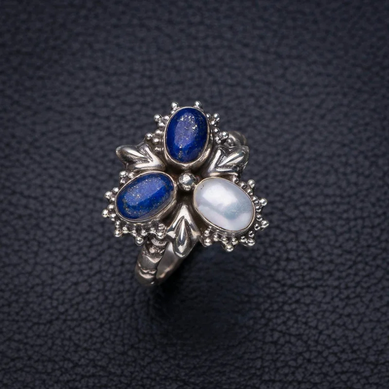 

StarGems Natural Lapis Lazuli River Pearl Handmade 925 Sterling Silver Ring 7.25 E8600