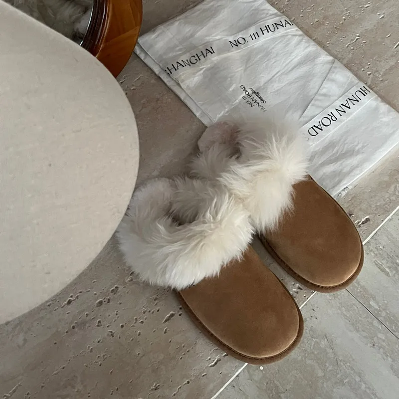 

Hot Selling Ugg Winter Women Warm Suede Leather Lazy Lady Flat Rubber Sole Non-slip Home Plush Round-toe Slippers Female Mujer