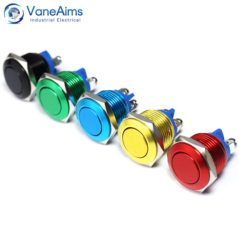 

16mm Mini Electric Push Button VaneAims Momentary Red Blue Black Green Yellow Oxidation Flat Head Metal Switch with Screw Feet