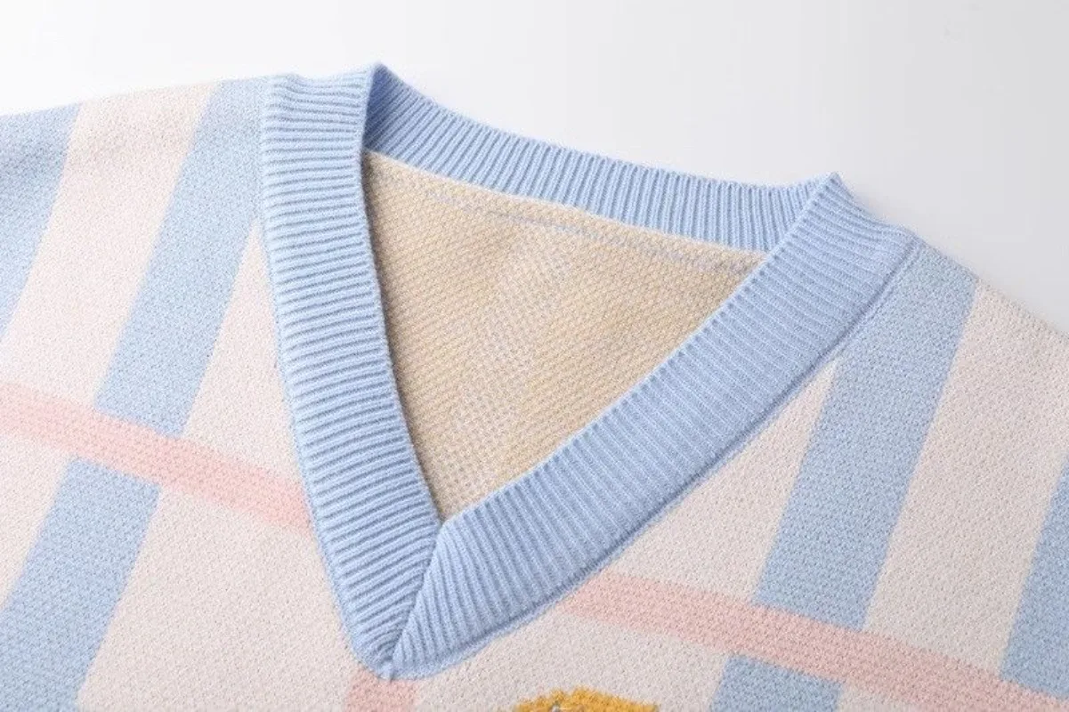 Kimotimo Kawaii вязаный жилет женский с v-образным вырезом вышивка цветок клетчатый