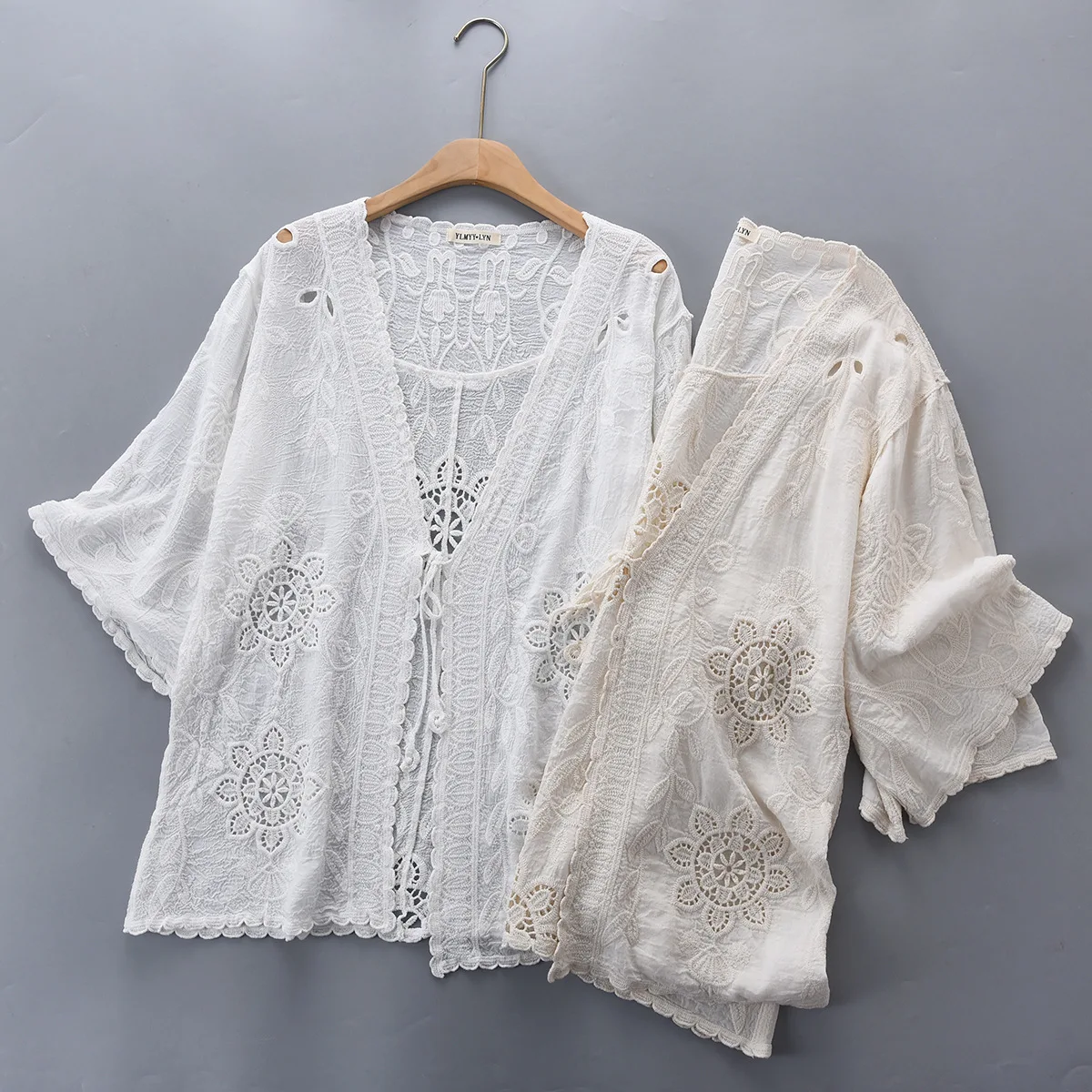 

Summer Cotton Embroidered Sunflower Hollow Out Mid Length Lace-up Cardigan Loose Thin Half Sleeve Lace Shirt Translucent Tops