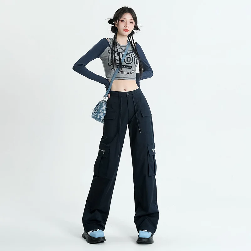 American Cargo pants for women in spring and autumn 2023 New straight tube loose high waist thin wide leg retro casual pants Y2K