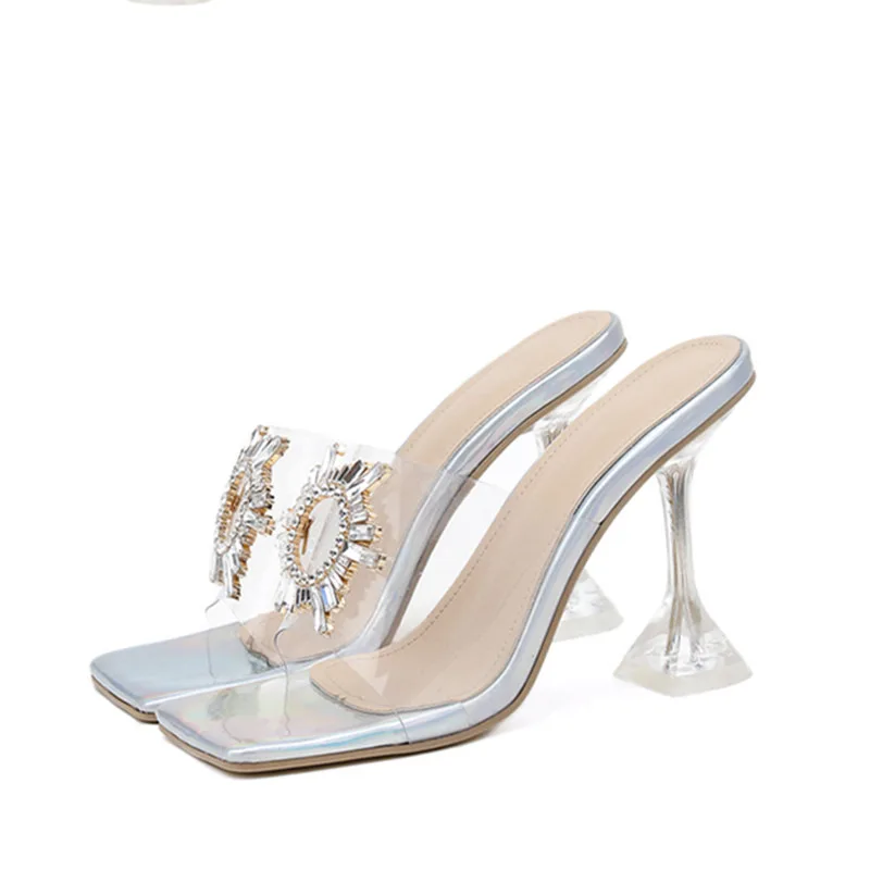 PVC Transparent Crystal Women Slippers Summer Thin Heel Modern Slippers Ladies High Heels Sandals Shoes Glowing LED Slides 42 43