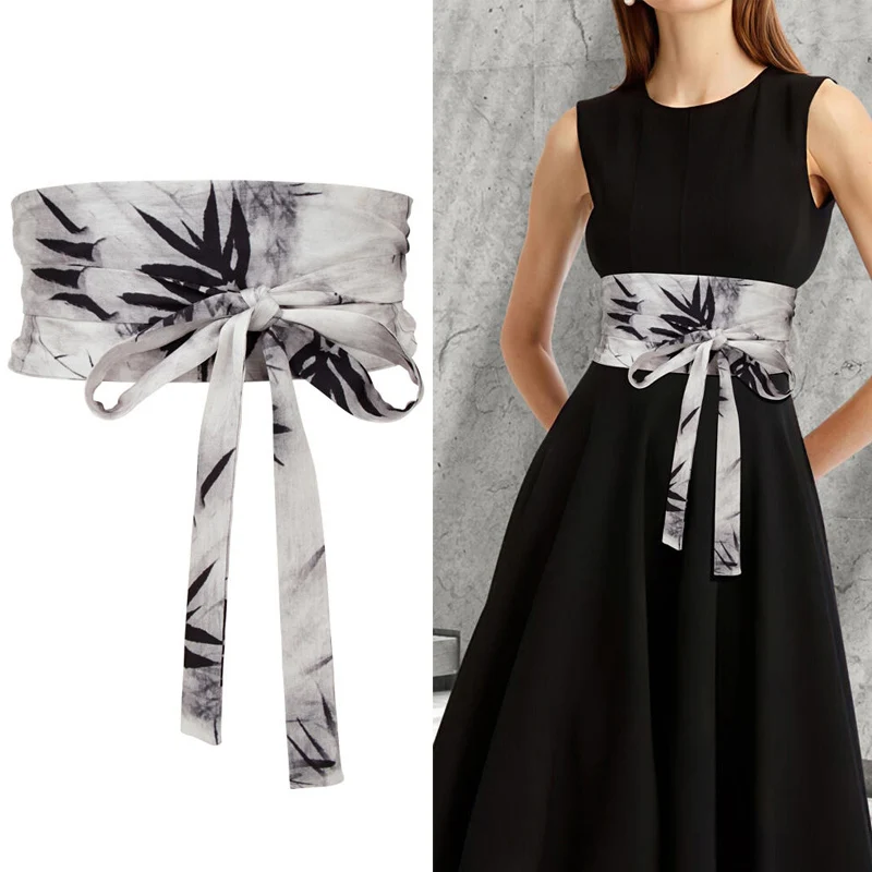 Women's Wide Waist Belt for Dress Self Tied Bowknot Obi Boho Wash Painting Designer Brand Corset Cinch Waistband Cinturones Para