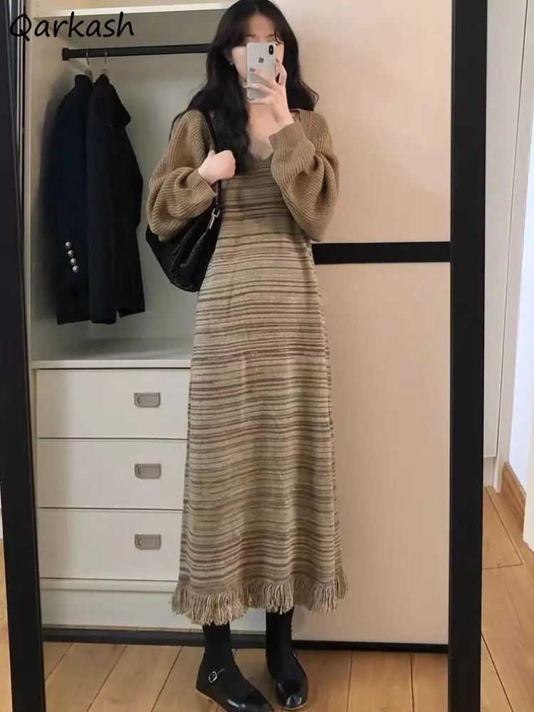 

Knitted Sets Women New Winter Loose Leisure Simple Cardigans V-neck Striped Ankle-length Strap Dress Elegant Office Ladies Chic