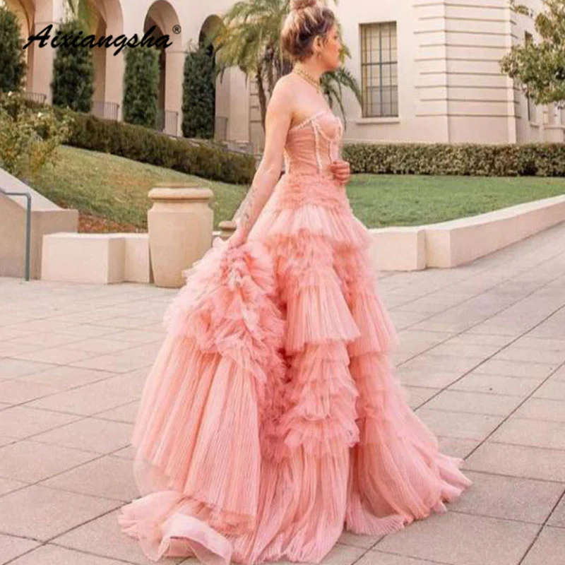 

Aixiangsha Organza Strapless Tiered Cake Dress Sleeveless Pink Evening Dress Princess Prom Cocktail Gown Vestido De Novia