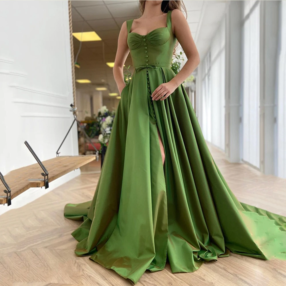 

High Quality Evening Dress For Women Square Collar Zipper Spaghetti Straps Prom Dress Satin Sweep Train A-Line Robe De Soirée