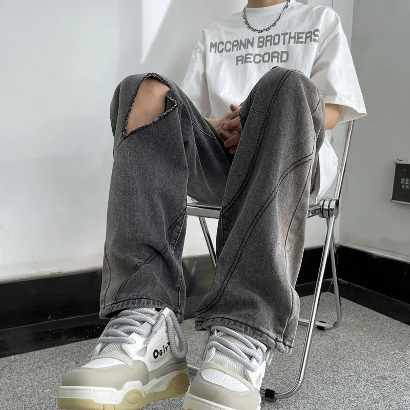 Summer Black Baggy Jeans Men Fashion Retro Ripped Straight Jeans Men Streetwear Hip-hop Loose Hole Denim Pants Mens Trousers