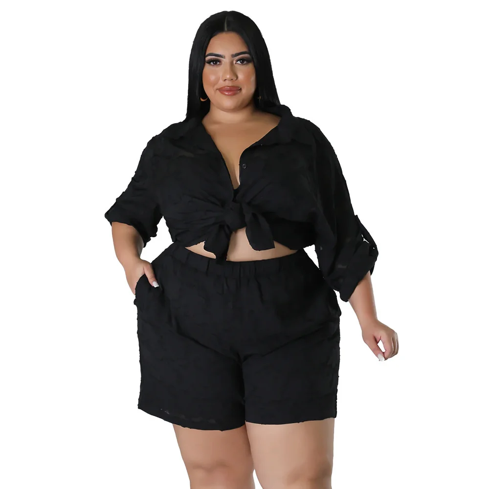 Plus Size Summer Women Shirt Two Pieces Set Hollow Out Shorts Chiffon Jacquard Club Suit Long Sleeves Turn Do 3xl 4xl 5xl 6xl