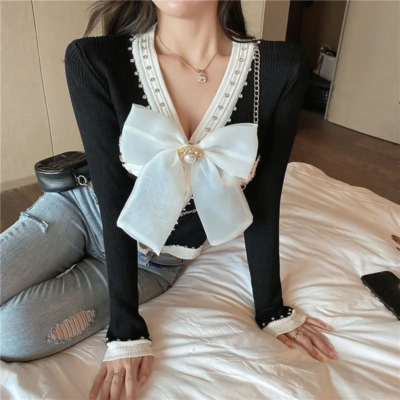 Женские свитера кардиган на осень 2022 Стразы с V-образным вырезом свитер большим