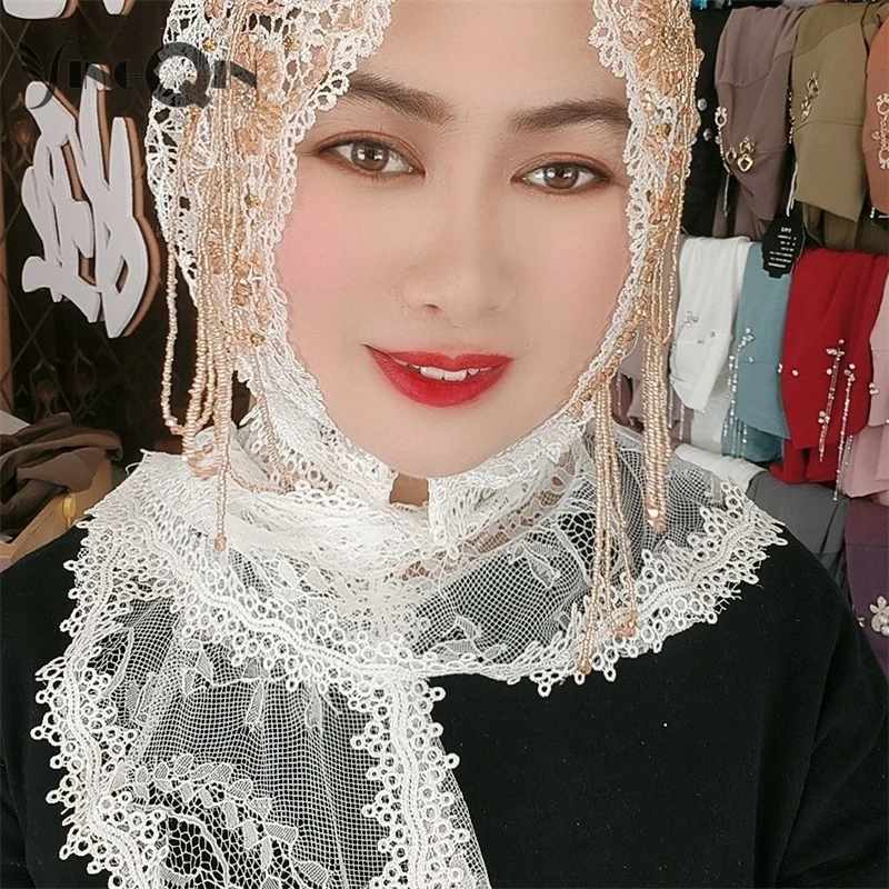 Muslim Women Headscarf Shawl Freeshipping Tassels Lace Summer Malaysia Hollow Scarf Hijab Hat Islam Saudi Arabia Headwrap 2023