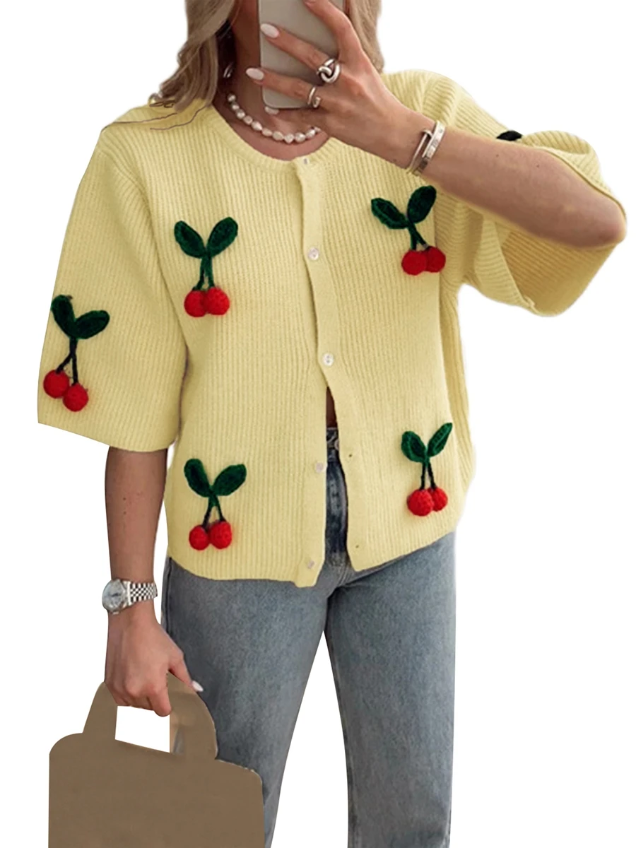 Женский летний трикотажный Свободный кардиган с полурукавами круглым вырезом