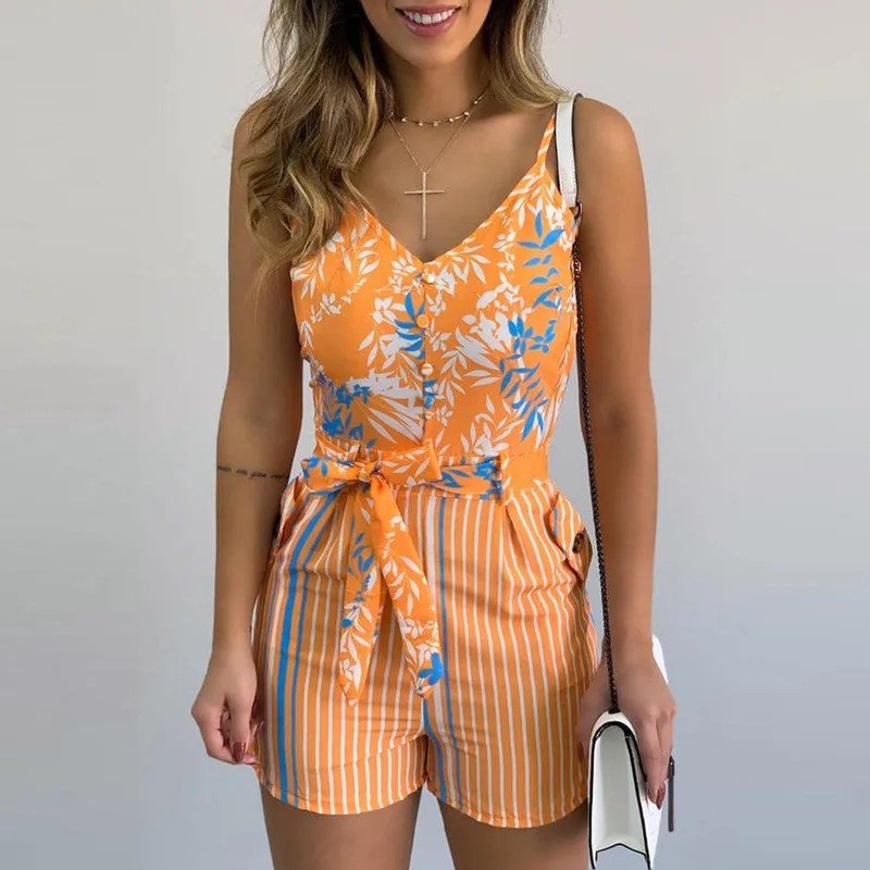2023 V-neck Suspender Fashion Leaf Print Lace-up Jumpsuits Women Splicing Chiffon Wide Leg Playsuits Casual Floral Rompers Boho