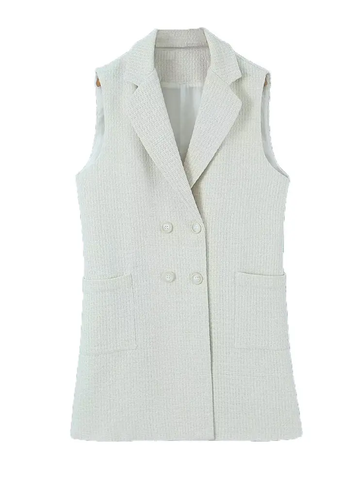 

Женская модная двубортная жилетка без рукавов с V-образным вырезом, Офисная Женская Повседневная приталенная куртка, топы, Костюмный пиджак средней длины
