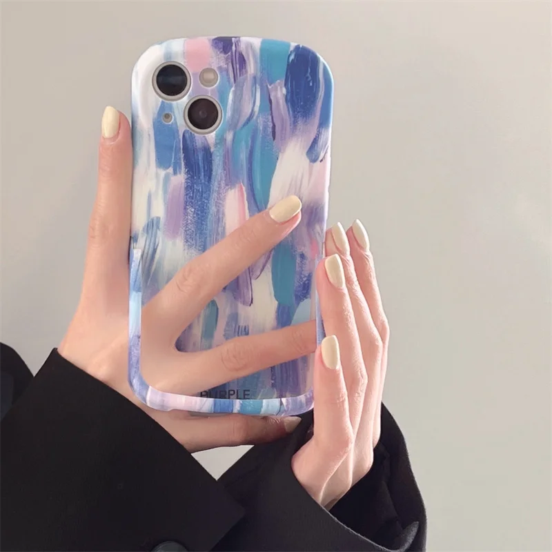 

Luxury Purple Pigment Art Phone Cases For Iphone 13 12 Pro 11 X XR XS Max Lens Protection Back Cover With Collapsible Holder