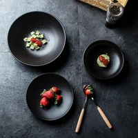 black frosted shallow plate japanese household dish soup plate black tableware round ceramic restaurant creative dinner plate