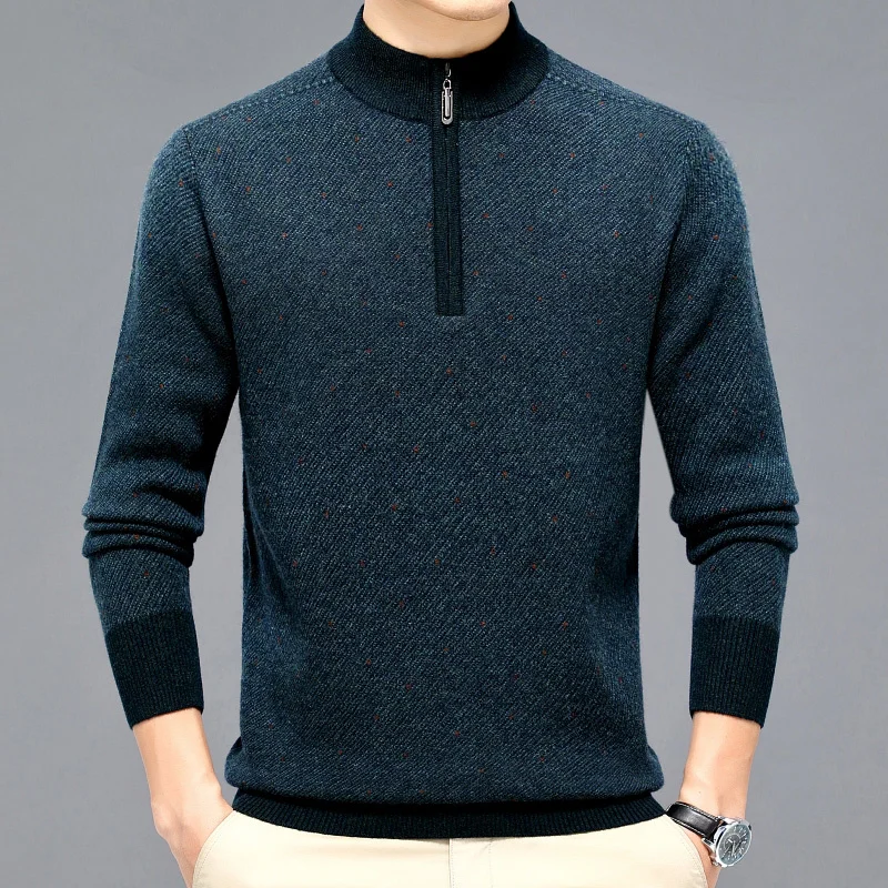 Cashmere Sweater 100% Wool Men's Half-High Collar Zipper Winter New Thickened Jacquard Pullover Leisure Knitted Sweater