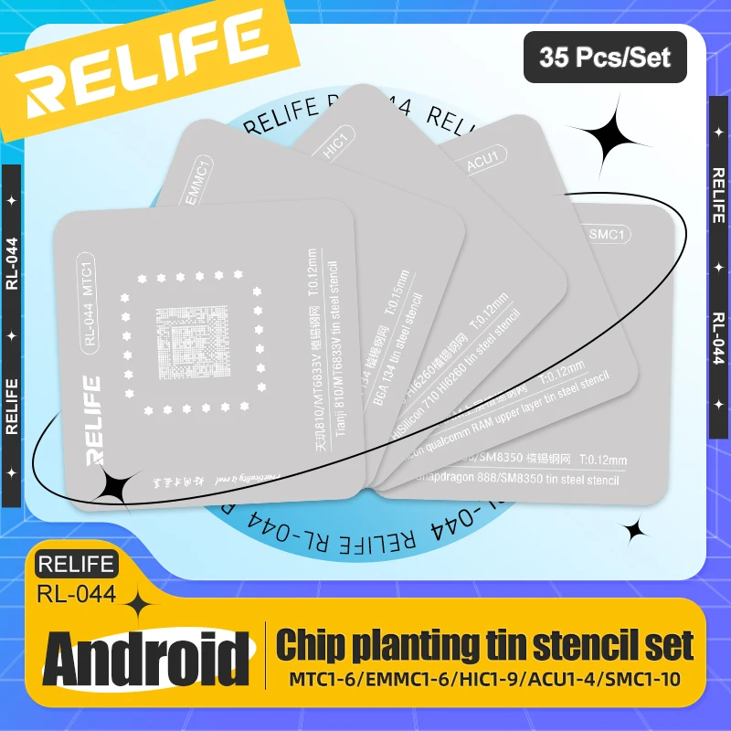 

35pcs RELIFE RL-044 Android CPU Tinned IC Chip Planting Tin BGA Steel Stencil Set For Xiaomi Samsung Huawei Repair Tools
